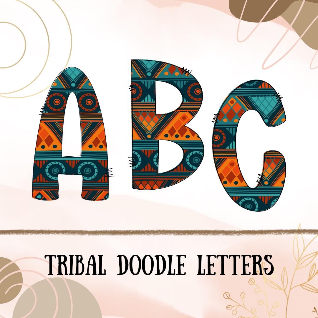Tribal Doodle Letters Alphabet PNG Teal Orange Aztec Pattern Alphabet ...