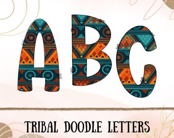Tribal Doodle Letters PNG: Aztec Alphabet, Teal & Orange (Digital Download)