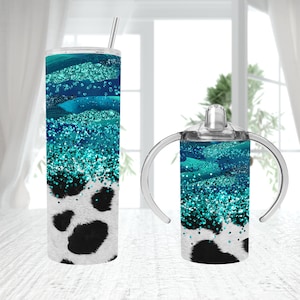 Teal Glitter Cowhide Matching Mommy and me Straight Sippy Cup 12oz y 20oz vaso Sublimación DISEÑO Digital DESCARGAR teal blue Cowhide