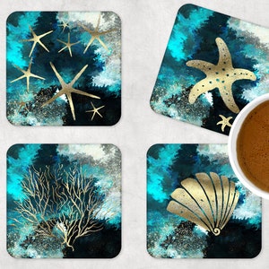 Playa Tropical 4 DISEÑOS para posavasos playa oro estrella de mar concha de mar océano PLANTILLAS diseños paquete plantillas verano playa oro arena de mar