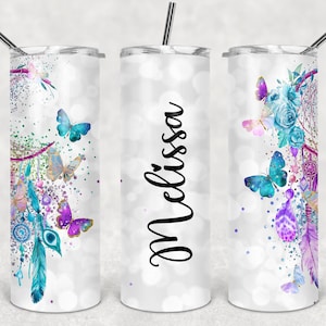 Traumfänger Schmetterlinge nahtlose 20 Unzen Skinny Tumbler Vorlage Namen hinzufügen personalisieren Blumen DESIGN Silber lila flieder Blumen Splash
