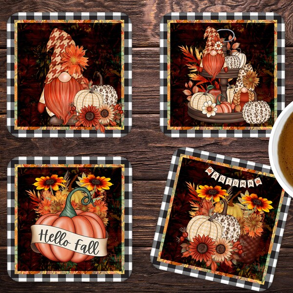 Fall Gnomes 4 DESIGNS for square coasters autumn flowers harvest autumn gnomes TEMPLATES coasters designs PNG bundle templates colorful fall