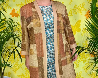 1980s Gold Metallic Oversize Long Cardigan | XL - XXL | Extra Large - 2X | Open Front, Slouchy Cardigan with Shoulder Pads