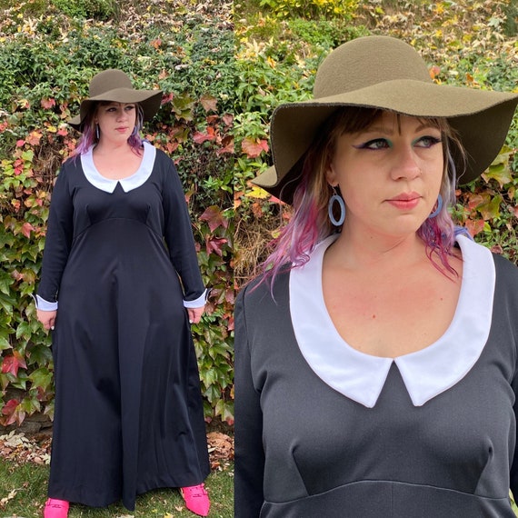 1970s Plus Size Puritan Collar Maxi Dress, 70s Bla
