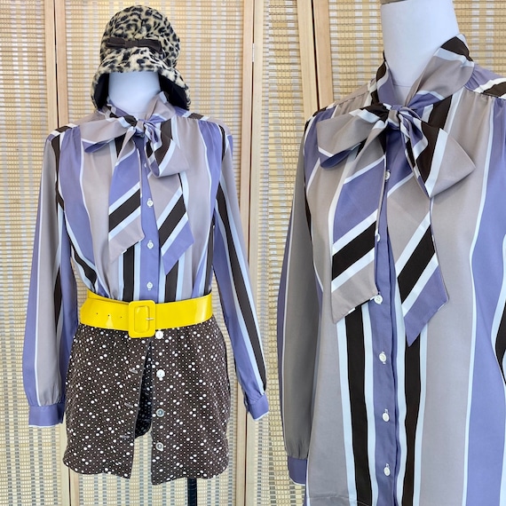 1980s Pussy Bow Tie Striped Top, 80s Button Down S
