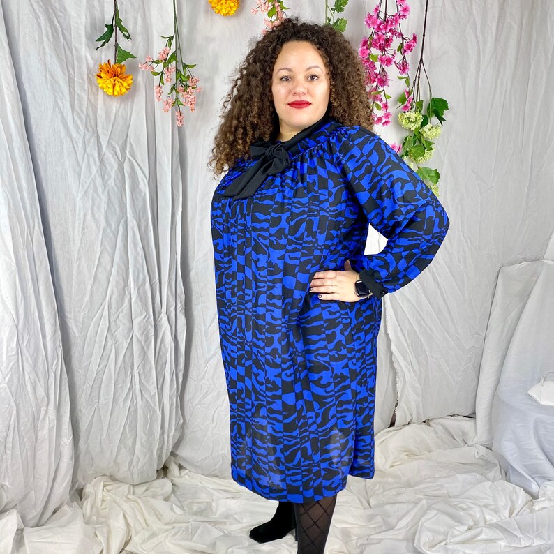 70s 80s Pussy Bow Dress Three R\u2019s 70s Op Art Mod Dress 3X 4X Vintage Plus Size Psychedelic Dress