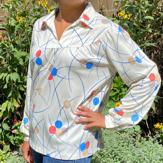 70s 80s Smocked Pullover Blouse, 70s 80s Abstract