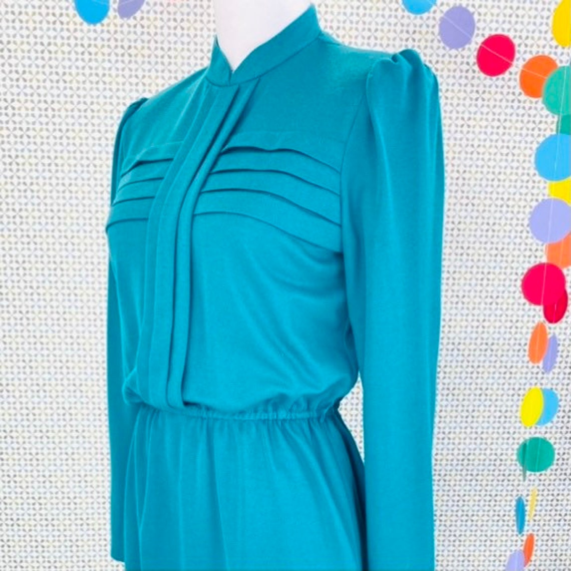 Download 1980s Teal Mockneck Long Sleeve Jersey Dress 80s Mock Neck ...