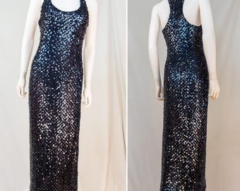 1970s Navy Blue Sequin Cocktail Dress, Small - Medium