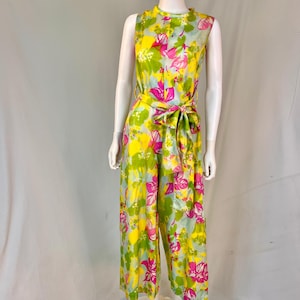 1960s Floral Wide Leg Jumpsuit, Small - Medium