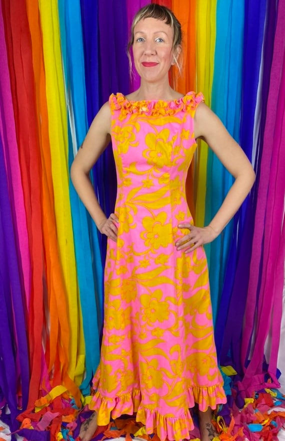 1960s Hawaiian Maxi Dress, 60s Psychedelic Hostess