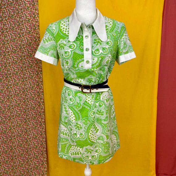 Vintage 70s Lime Green Paisley Babydoll Mini Dress