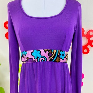 Purple Psychedelic Empire Waist Long Sleeve Maxi Dress, Hostess Dress | Medium
