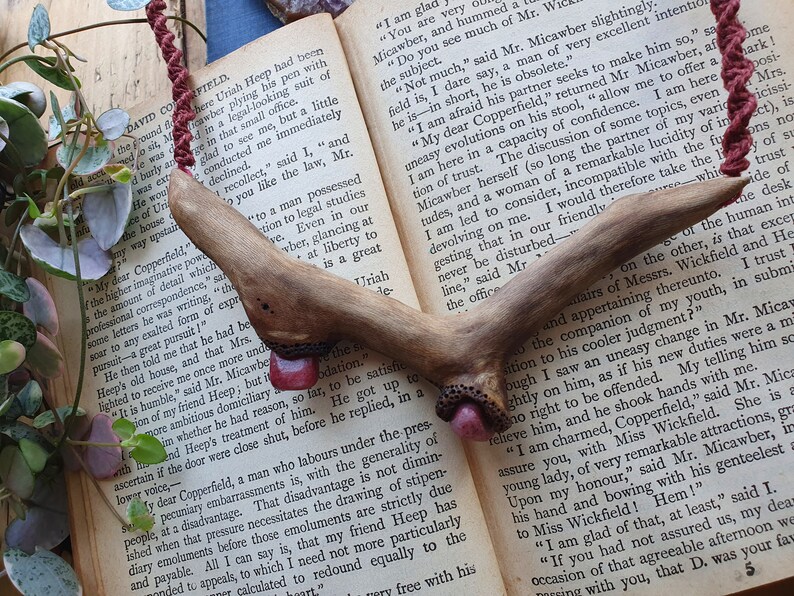 Hand carved wooden necklace with Rhodonite crystals and macrame spiral