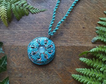 Turquoise blue green Chrysocolla Mayan style clay and crystal beads Necklace with macrame spiral