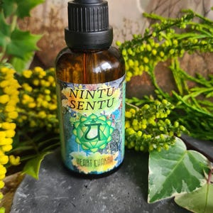 May include: A brown glass bottle with a black dropper, labeled "NINTU SENTU HEART CHAKRA." The label features a green heart chakra symbol. The bottle sits on a dark gray stone, surrounded by greenery and yellow flowers.