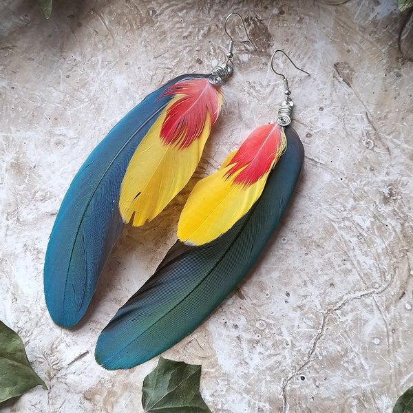 Boucles d'oreilles plumes de perroquet bleu rouge et jaune tribal Amazon