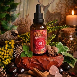 May include: A brown glass bottle with a black dropper, labeled "Nintu Senient Rooted Root Chakra". The bottle sits on a red rock, surrounded by cinnamon sticks, crystals, and herbs. A lit candle and deer painting are in the background.
