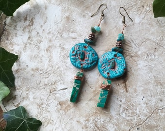 Turquoise blue green Mayan style clay and Sea sediment jasper with chrysocolla crystal beads and copper dangle earrings