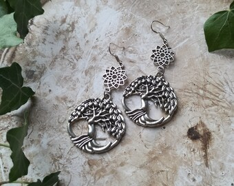 Silver colour flower of life and tree of life sacred geometry earrings