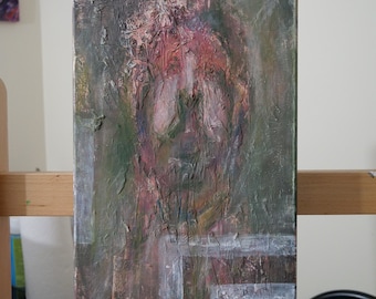 May include: Abstract painting on canvas with a textured surface. The painting features a central figure with a pink and red color scheme, surrounded by shades of green and brown.
