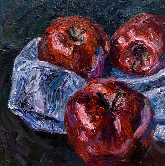 リンゴの絵画、8 x 8インチの絵画、額入りウォールアート、すぐに発送