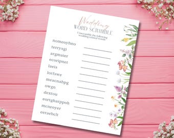 Juego de palabras con diseño floral para despedida de soltera (PDF)