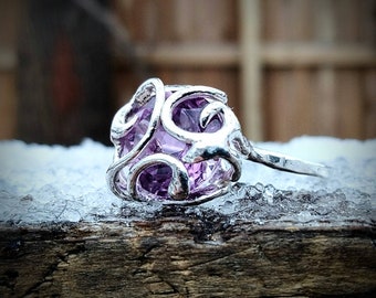 Silver amethyst ring, faceted amethyst set in fine silver, size 8 amethyst ring, purple Elvin ring
