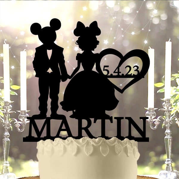 Mr and Mrs Mickey and Minnie Themed Personalized Wedding Anniversary Cake Topper