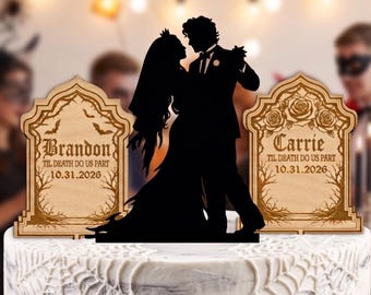 Halloween Wedding Cake Topper - Graveyard -Three Pieces -  Personalized Name - Autumn Weddings