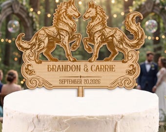 Wolves Wood Wedding Cake Topper: Fantasy, Personalized Mr & Mrs