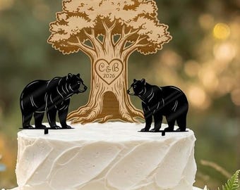 Rustic Wilderness Bear Wedding Cake Topper -Three Pieces -  Personalized Name -  Forest Themed