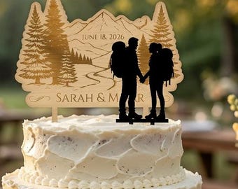 Hiking Couple Wedding Cake Topper -Three Pieces -  Personalized Name -  Forest Themed