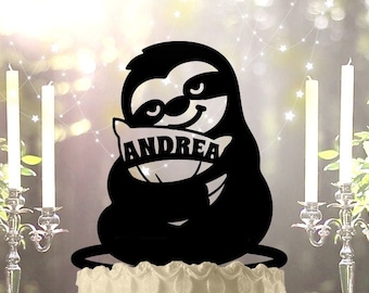 Adorable Sloth Holding Name Birthday Cake Topper