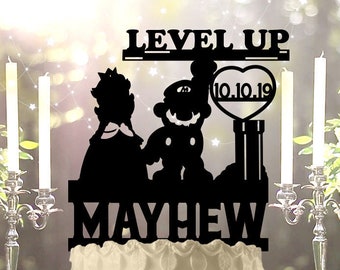 Plumber Princess Peach Level Up Name Date Personalized Custom   Wedding Anniversary Cake Topper