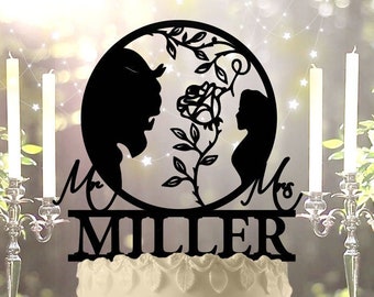 Beauty and Beast Rose - Personalized Mr & Mrs, Name - Fantasy Themed - Custom Wedding Cake Topper