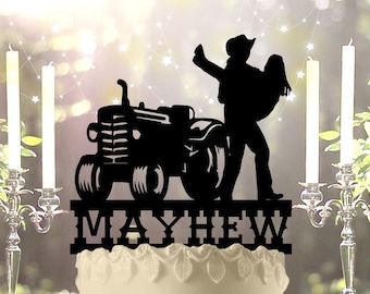 Farm Couple Wedding Cake Topper: Western Tractor, Personalized Acrylic