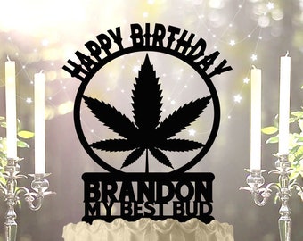 Marijuana Birthday Cake Topper, Personalized Pot Leaf Acrylic