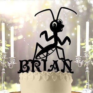 Cute Praying Mantis With Name Birthday Cake Topper