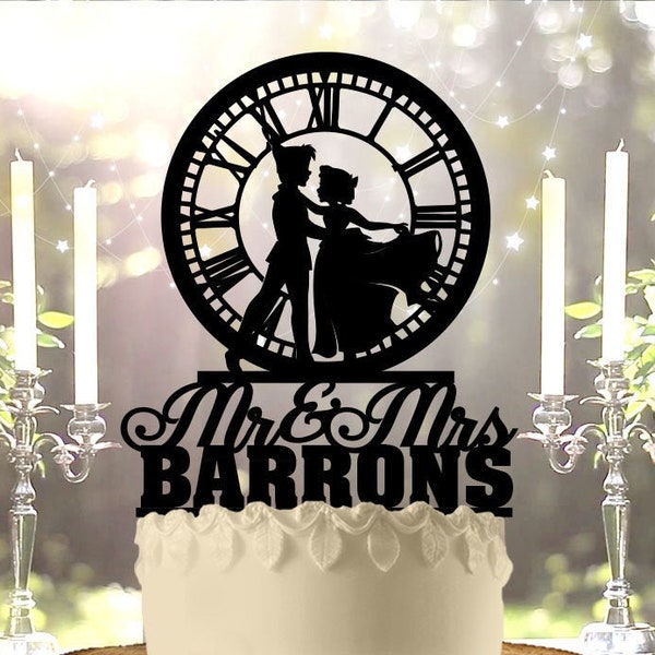 Peter Pan and Wendy Big Ben Clock Mr Mrs Name Personalized Custom   Wedding Anniversary Cake Topper