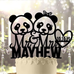 Pandas Faces - Personalized Name & Date - Animal Themed - Custom Wedding Cake Topper