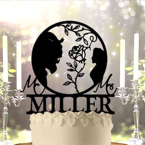 Beauty and Beast Rose - Personalized Mr & Mrs, Name - Fantasy Themed - Custom Wedding Cake Topper