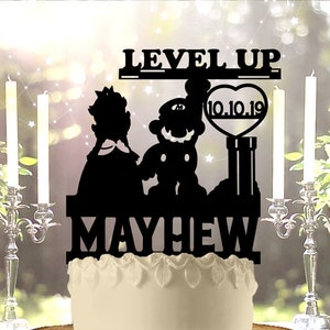 Plumber Princess Peach Level Up Name Date Personalized Custom   Wedding Anniversary Cake Topper