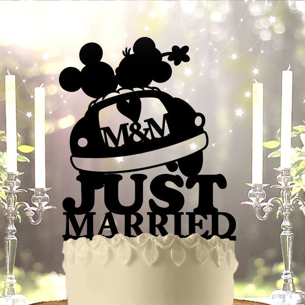 Mr and Mrs Mickey with Initials Just Married Wedding Cake Topper