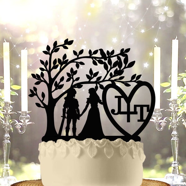 Link and Zelda Gamer Elf and Princess Personalized Wedding Anniversary Cake Topper