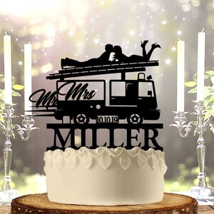 Fireman Couple On Truck Personalized Wedding Cake Topper