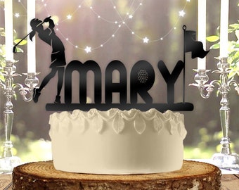 Woman Golfing Flag Name Personalized Birthday Cake Topper