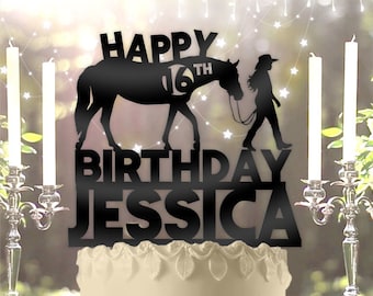 Girl Leading Horse Name and Age Personalized Birthday Cake Topper