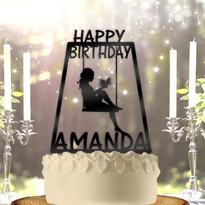 Female Reading Book on Swing with Name Personalized Birthday Cake Topper