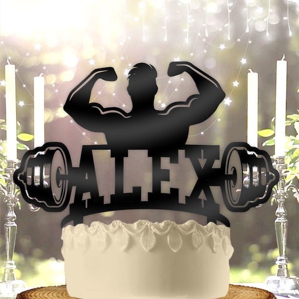 Strong Man Weightlifter Bodybuilder Name Personalized Birthday Cake Topper